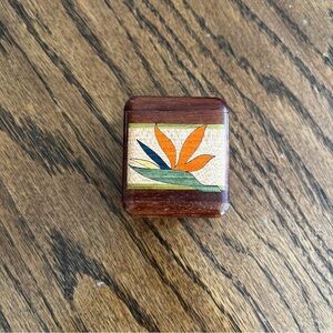 vintage wooden trinket box with floral inlay